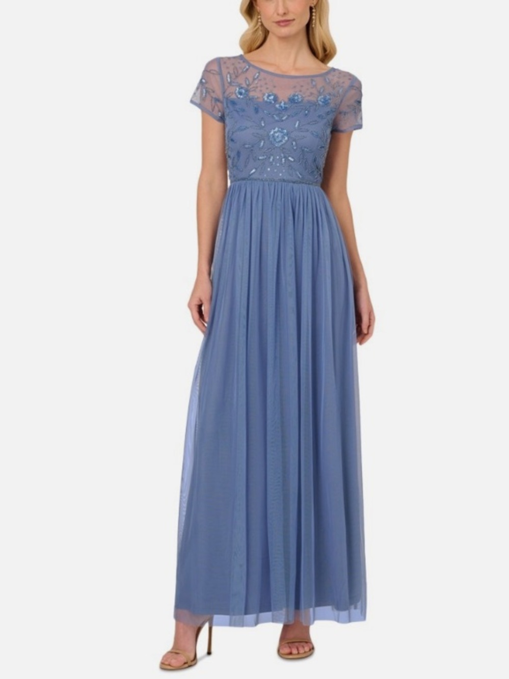 Papell Studio Beaded Mesh Shirred Gown French Blue Size 12 NWT Formal Evening